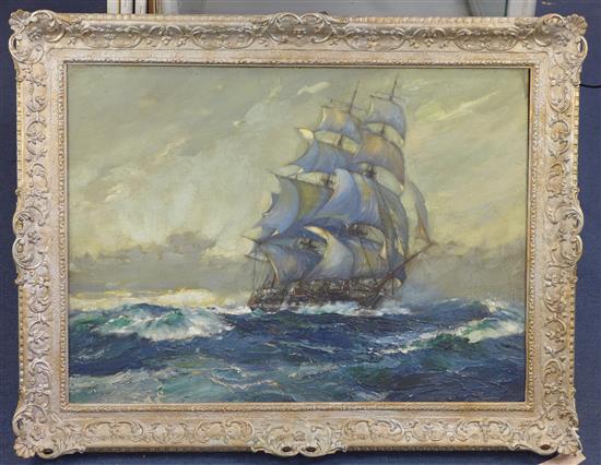 § Frank Henry Mason (1876-1965) Naval frigate in full sail, 21 x 29in.